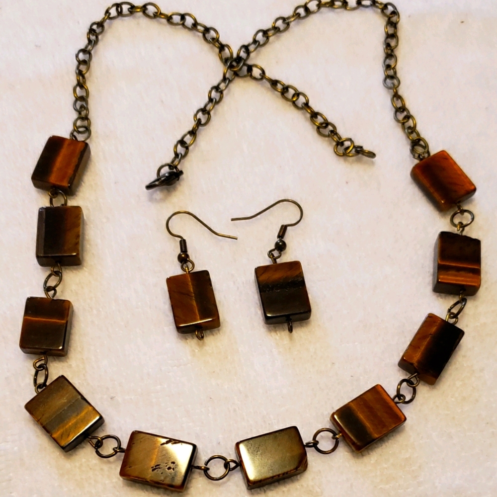 Tiger Eye Brick Necklace & Earrings